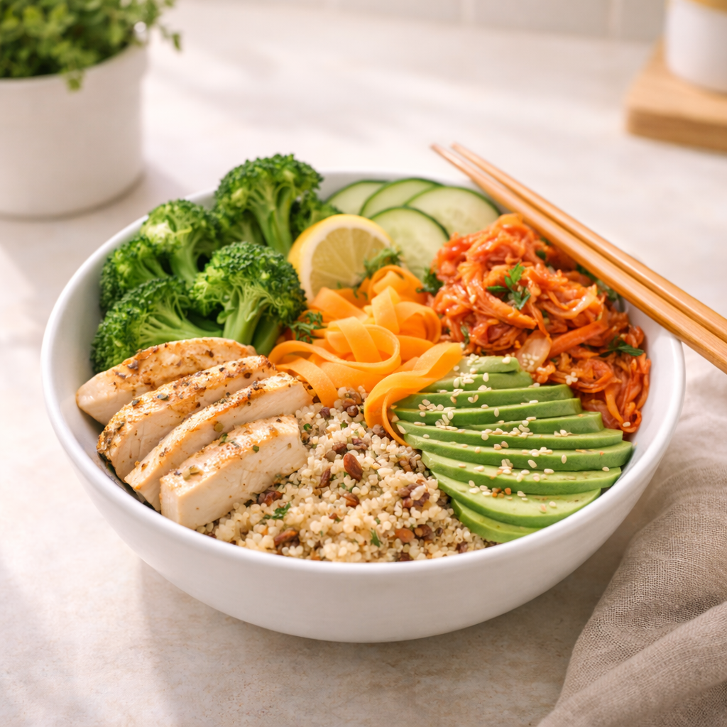 Healthy gut-healing meal bowl with fermented foods and vegetables for natural GLP-1 production