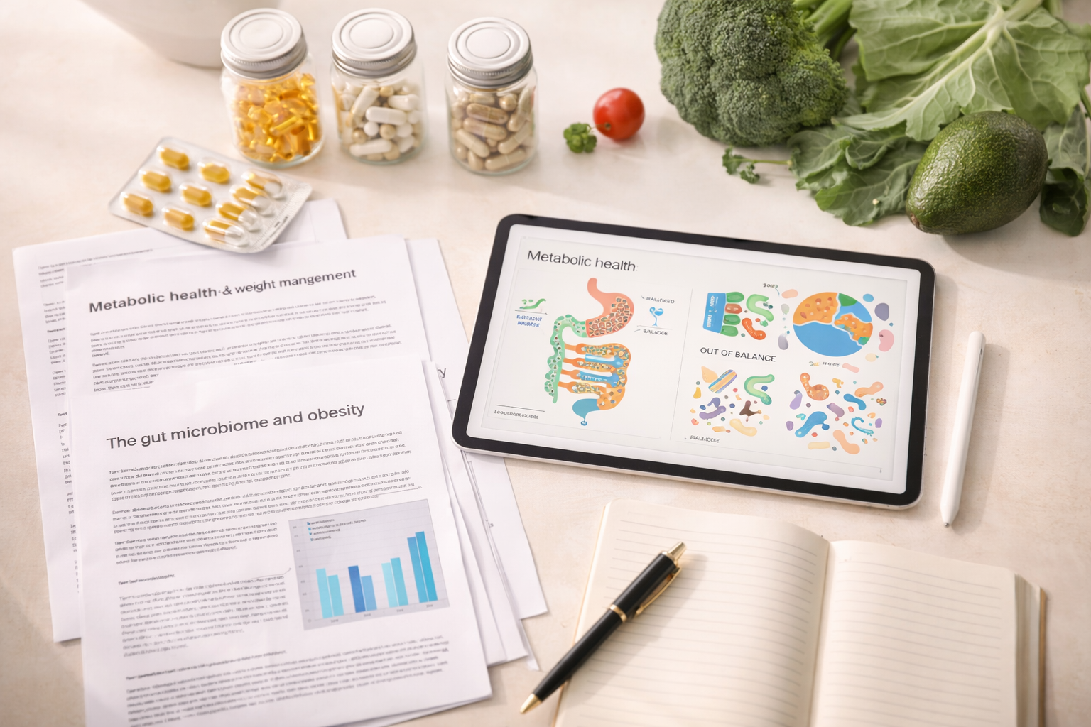 Research desk with metabolic health papers and natural GLP-1 boosting supplements