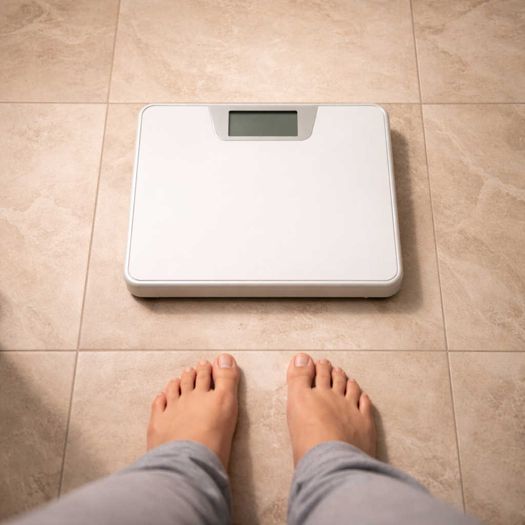 Bathroom scale representing daily weight regain anxiety after stopping injections