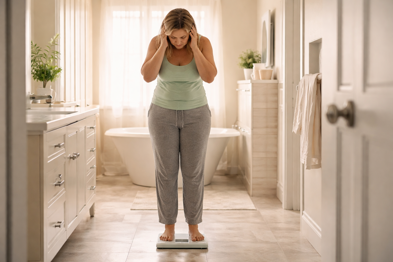 Person checking bathroom scale with concern after stopping weight loss injections