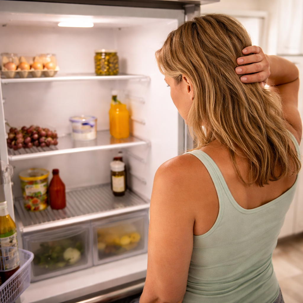 Person standing at open fridge struggling with hunger after stopping GLP-1 medication