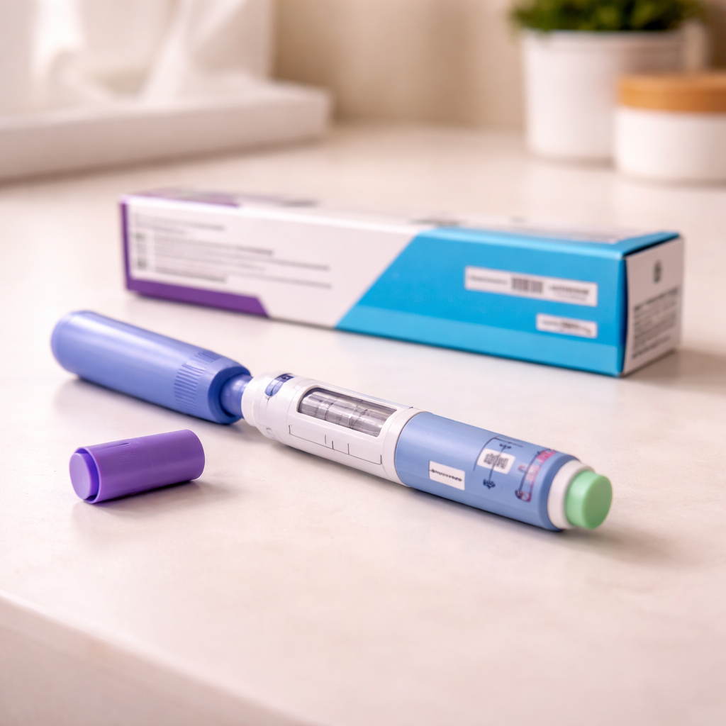Weight loss injection pen and packaging representing the medication transition